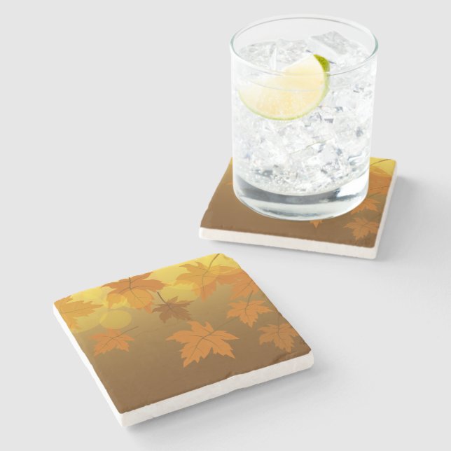 Autumn pattern with falling maple leaves and bokeh stone coaster (Side)