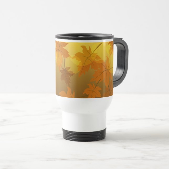 Autumn pattern with falling maple leaves and bokeh travel mug (Front Right)