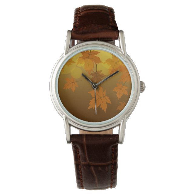 Autumn pattern with falling maple leaves and bokeh watch (Front)