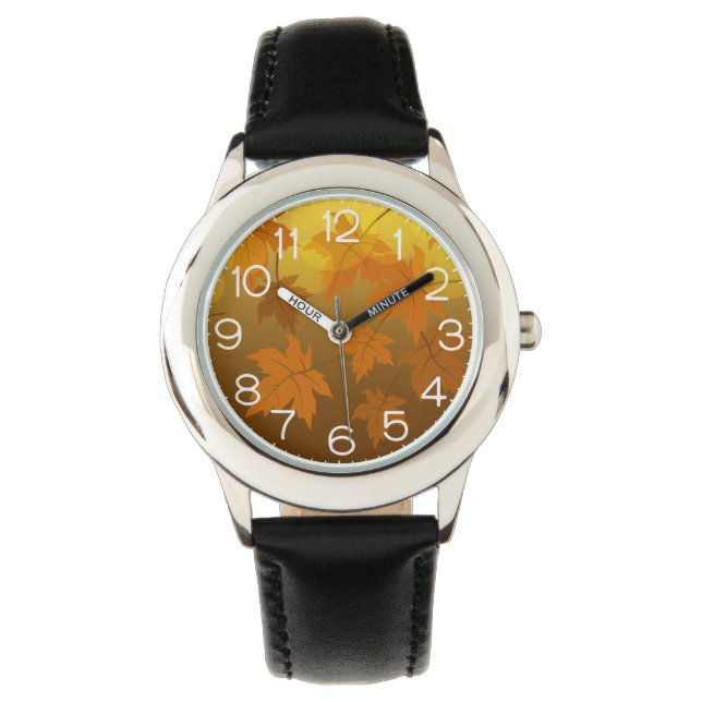 Autumn pattern with falling maple leaves and bokeh watch (Front)
