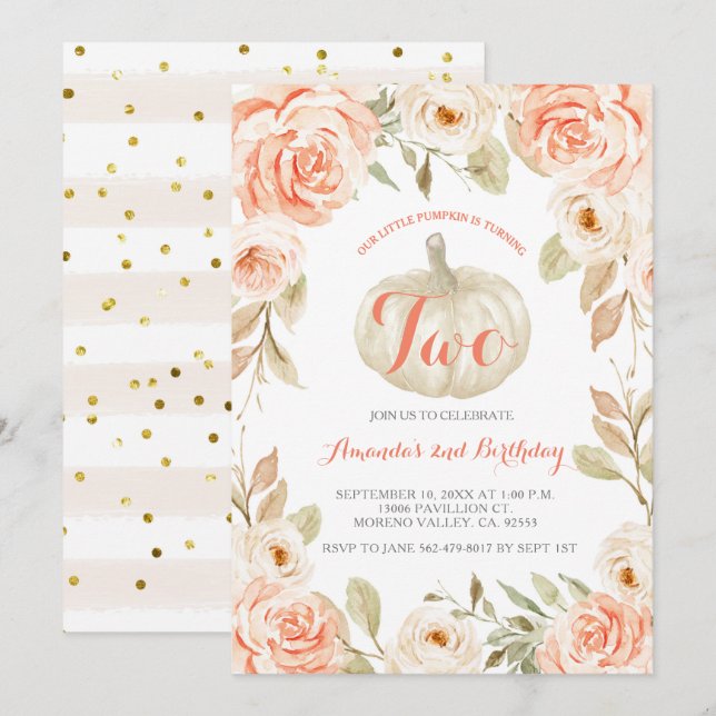 Autumn Peach Pumpkin 2nd Birthday Invitation (Front/Back)