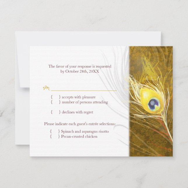 Autumn Peacock Feather Wedding Meal Choice RSVP Card (Front)