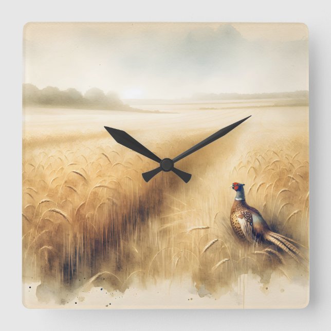 Autumn Pheasant in Wheat Field Square Wall Clock (Front)