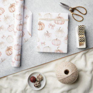 Autumn Pink Bows White Orange Pumpkins Wrapping Paper