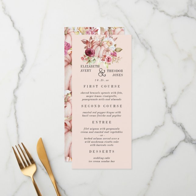 Autumn Pink Burgundy Pumpkin Wedding Menu (Front/Back In Situ)