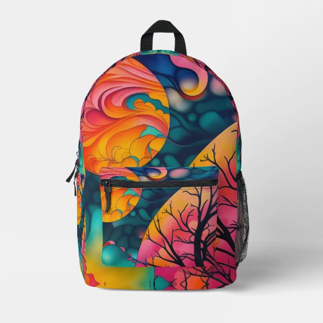 Autumn Pink N Gold Full Moon Tree Silhouette Printed Backpack (Front)