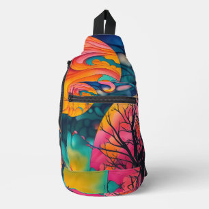 Autumn Pink N Gold Full Moon Tree Silhouette Sling Bag