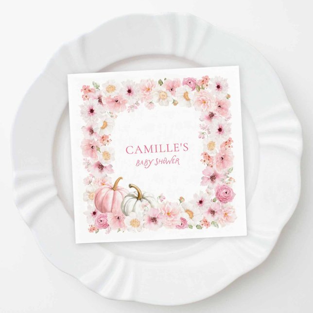 Autumn Pink Pumpkin Floral Baby Shower Napkin (Fall Girl Baby Shower Napkins)