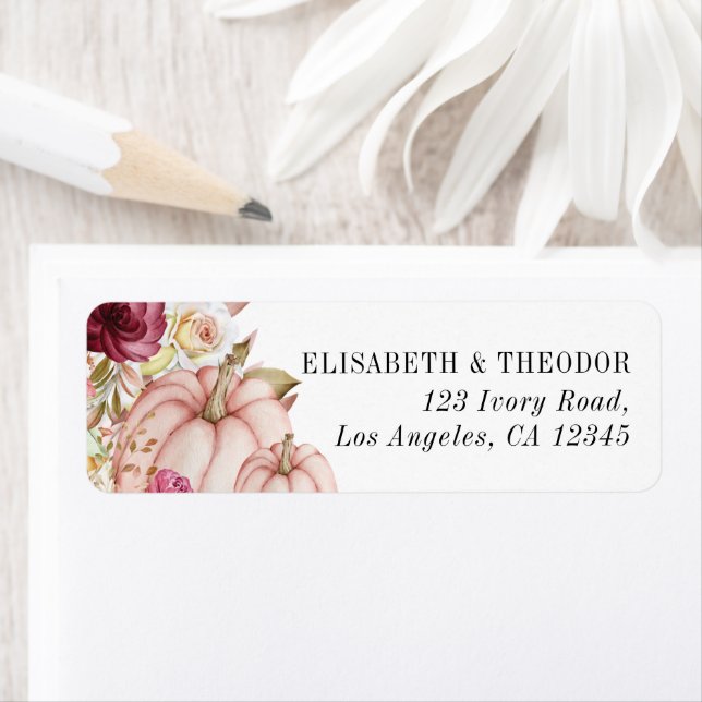 Autumn Pink Pumpkin Floral Wedding Return Address Label (Insitu)