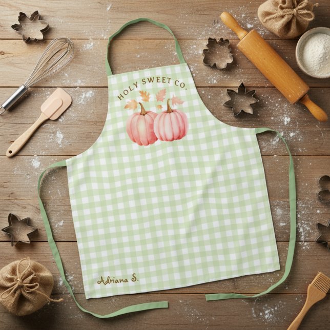 Autumn Pink Pumpkin & Green Gingham Pastry Chef Apron (Autumn Pink Pumpkin and Green Gingham Baker apron)