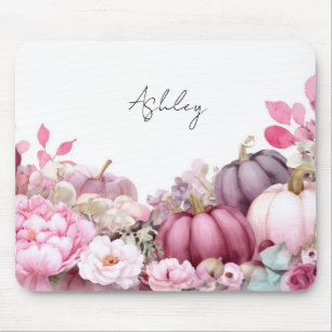 Autumn Pink Pumpkins and Flowers Fall Pattern Mouse Pad