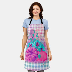 AUTUMN PINK PUMPKINS AQUA FLOWERS GINGHAM PLAID APRON