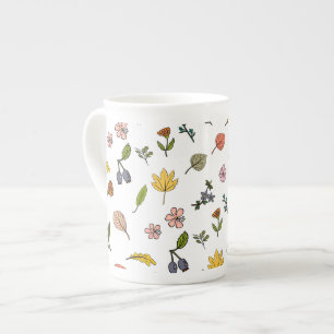 autumn pink red and yellow flowers and leaves bone china mug