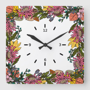 autumn pink red and yellow flowers and leaves square wall clock