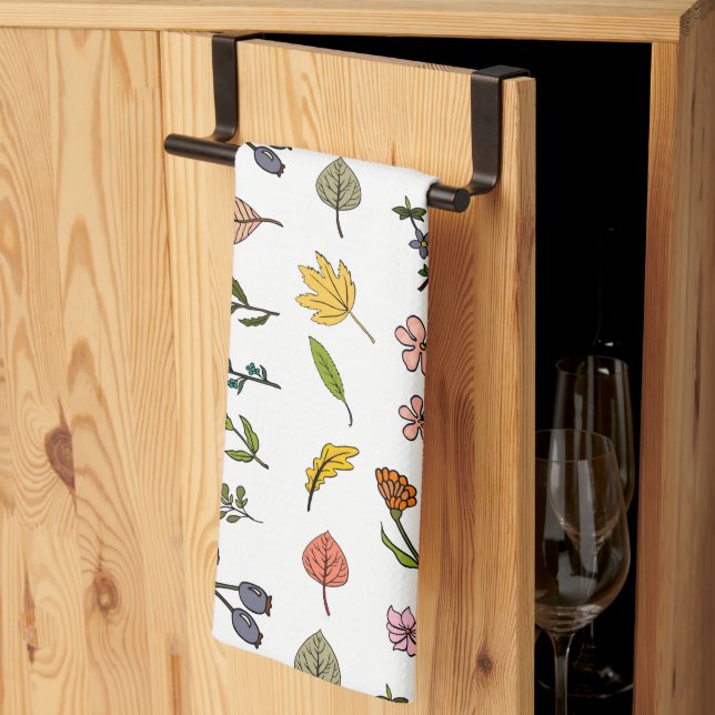 autumn pink red and yellow flowers and leaves  tea towel (Thirds Fold)