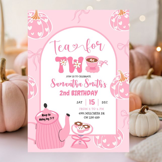 Autumn Pink Whimsical Retro Tea Girl 2nd Birthday Invitation (Creator Uploaded)