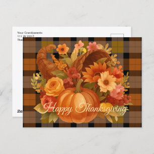 Autumn Plaid And Cornucopia Holiday Postcard