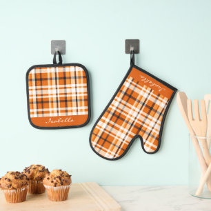 Autumn Plaid Burnt Orange White Black Oven Mitt & Pot Holder Set