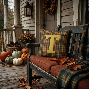 Autumn plaid monogram cushion