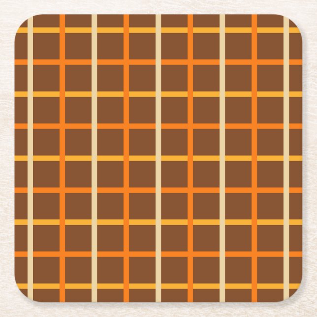Autumn Plaid Pattern in Orange Green and Brown Square Paper Coaster (Front)