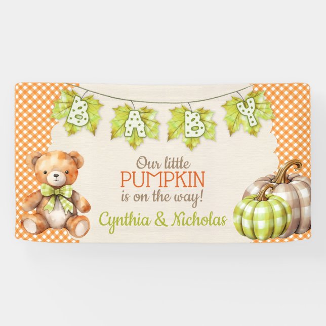 Autumn Plaid Teddy Bear Pumpkin Leaves Banner (Horizontal)
