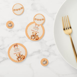 Autumn Plaid Teddy Bear Pumpkin Leaves Confetti