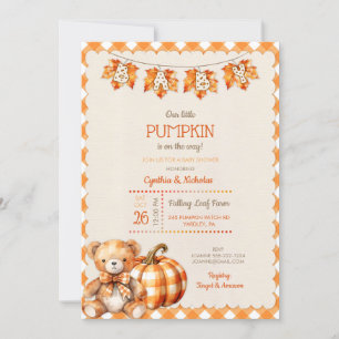 Autumn Plaid Teddy Bear Pumpkin Leaves Invitation