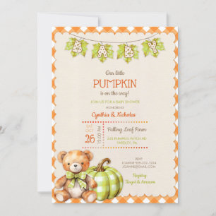 Autumn Plaid Teddy Bear Pumpkin Leaves Invitation