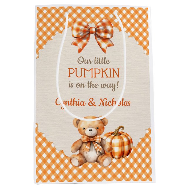 Autumn Plaid Teddy Bear Pumpkin Leaves Medium Gift Bag (Front)