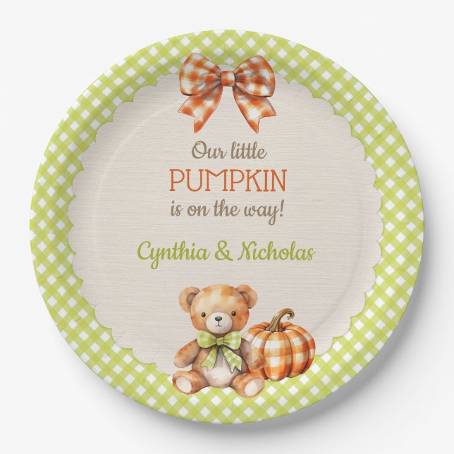 Autumn Plaid Teddy Bear Pumpkin Paper Plate (Front)