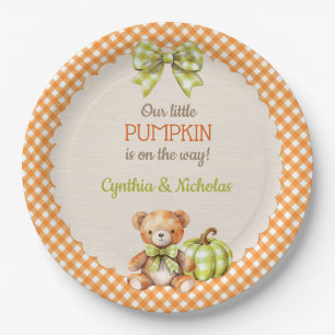 Autumn Plaid Teddy Bear Pumpkin Paper Plate