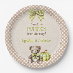 Autumn Plaid Teddy Bear Pumpkin Paper Plate
