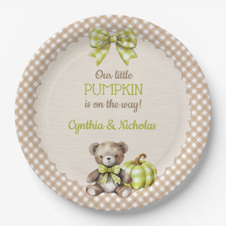 Autumn Plaid Teddy Bear Pumpkin Paper Plate