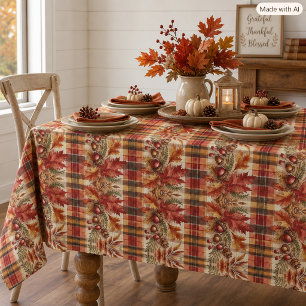 Autumn Plaid with Leaves and Acorns Tablecloth