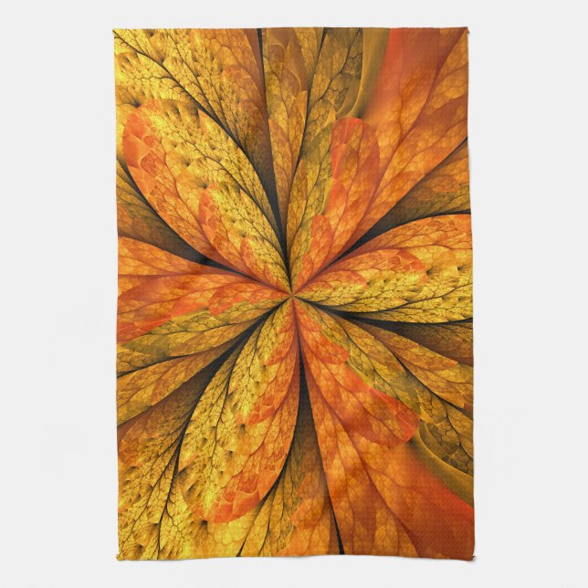 Autumn Plant, Modern Abstract Fractal Art Leaf Tea Towel (Vertical)
