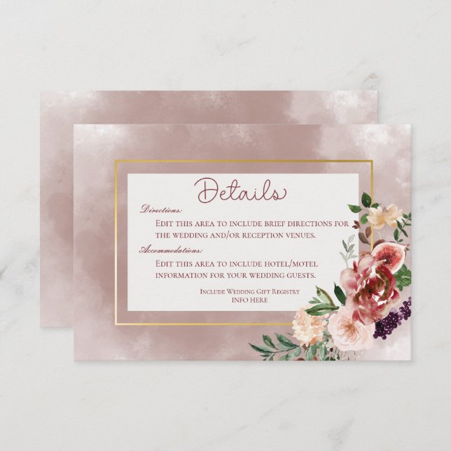 Autumn Plum Floral Bouquet Wedding Details Enclosure Card (Front/Back)