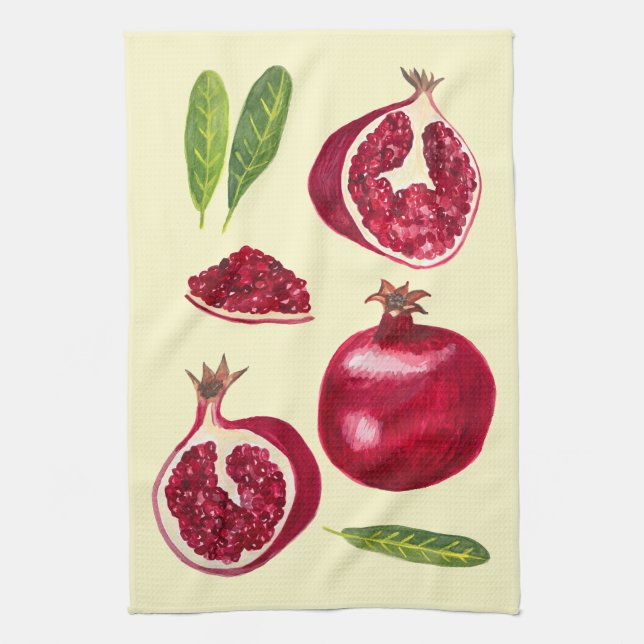 Autumn Pomegranates Watercolor Painting Tea Towel (Vertical)
