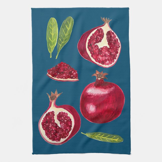 Autumn Pomegranates Watercolor Painting Tea Towel (Vertical)