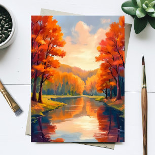 Autumn Pond   Fall Foliage Watercolor Nature Postcard
