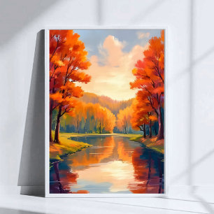 Autumn Pond   Fall Foliage Watercolor Nature Poster