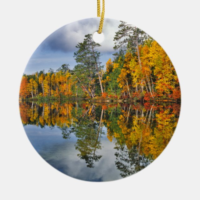 Autumn pond reflections, Maine Ceramic Tree Decoration (Front)