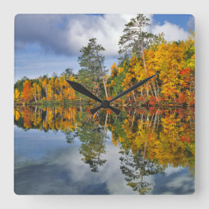 Autumn pond reflections, Maine Square Wall Clock