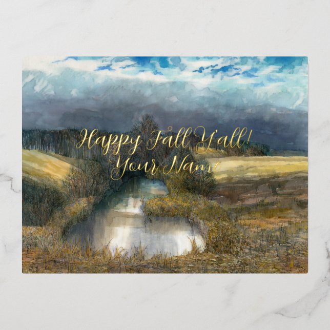 Autumn pond watercolor foil holiday postcard (Front)