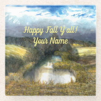 Autumn pond watercolor glass coaster