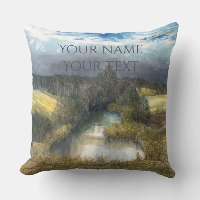 autumn pond watercolor painting cushion (Front)