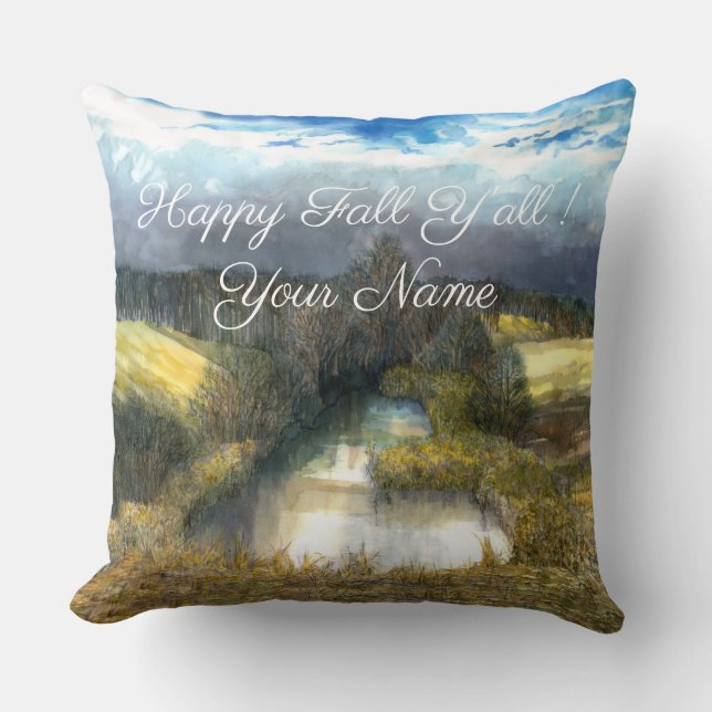 Autumn pond watercolor painting cushion (Front)