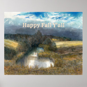 Autumn pond watercolor painting poster