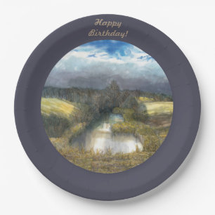 autumn pond watercolor paper plate