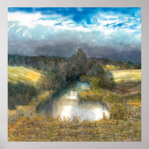 autumn pond watercolor poster