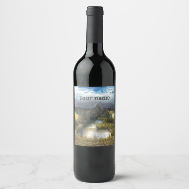 autumn pond watercolor wine label (Front)